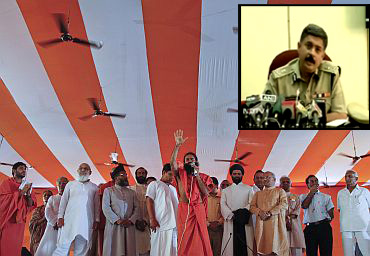 Baba Ramdev addresses his supporters at the Ramlila grounds in New Delhi (Inset) Special Commissioner of police (Law and order)   Dharmender Kumar