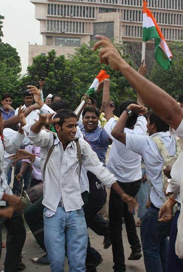 Young men dance at the Ramlila Maidan; photograph only used for representational purposes