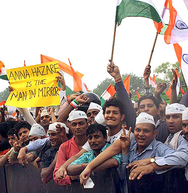 Anna Hazare supporters at the Ramlila Maidan