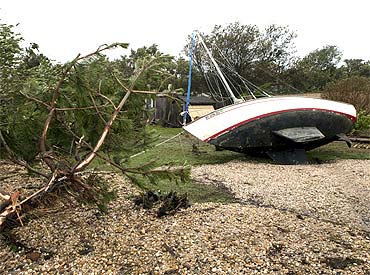 A sailboat that was washed ashore in Hampton Bays, New York.