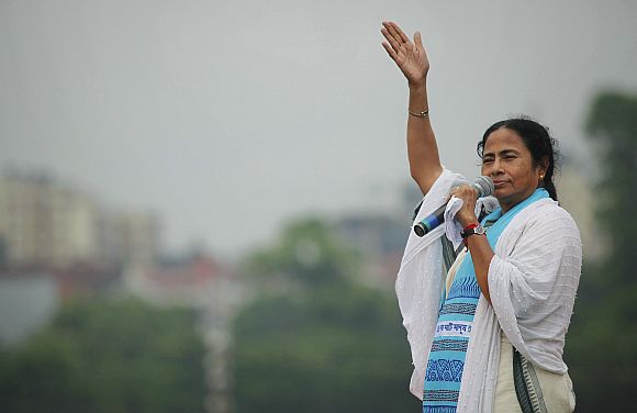Trinamool leader Mamata Banerjee addresses a rally in Kolkata