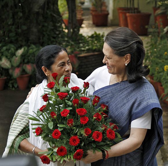 Mamata Banerjee with Congress president Sonia Gandhi in New Delhi