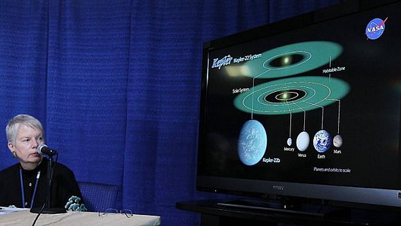 Jill Tarter, director of the Centre for SETI Research, with a graphic showing the newly discovered planet Kepler-22