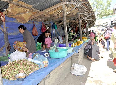 It is mostly women who sell vegetables in the markets in the state. Here, at the Senapati district headquarters, you can buy frogs and monkey brain