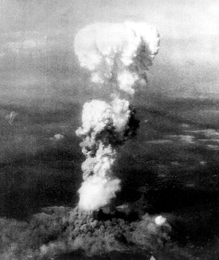 Smoke billows 20,000 feet above Hiroshima following the explosion of the first atomic bomb to be used in warfare in this US Air Force handout photo dated August 6, 1945