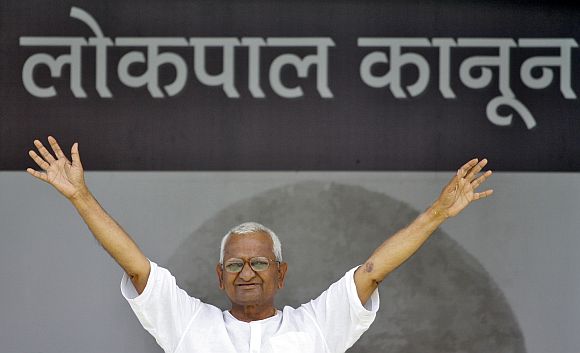 Anna Hazare during his fast to press for a stronger Lokpal Bill at the Ramlila Grounds in New Delhi