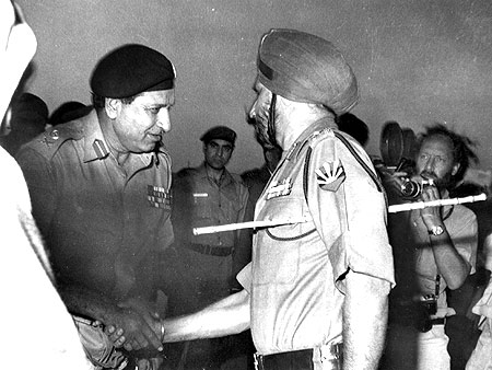 Pakistan's Lieutenant General A A K Niazi, left, greets Lieutenant General Jagjit Singh Aurora, GOC-in-C, Eastern Command