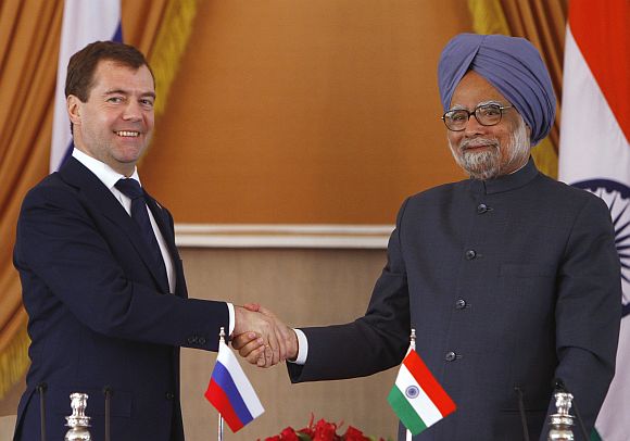 File picture of Dr Singh with Russian President Dmitry Medvedev during the latter's trip to India in December 2010
