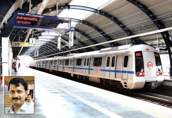 The international quality Delhi Metro and, inset, Arvind Kejriwal