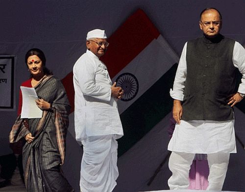Anna Hazare with CPM leader Brinda Karat and BJP leader Arun Jaitley
