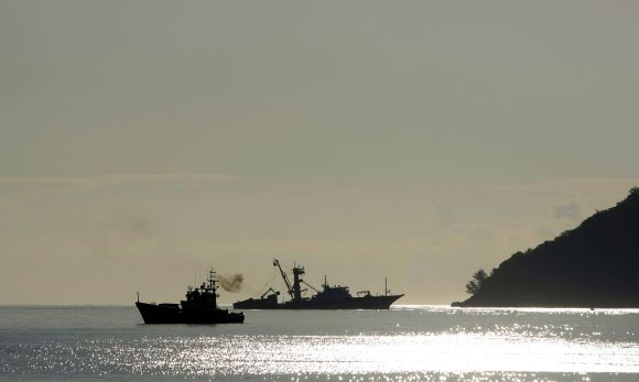 A Spanish fishing boat, which was freed by the Somali pirates, arrives at the Victoria port in Seychelles