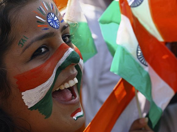 A girl cheers during Republic Day celebrations in Chandigarh