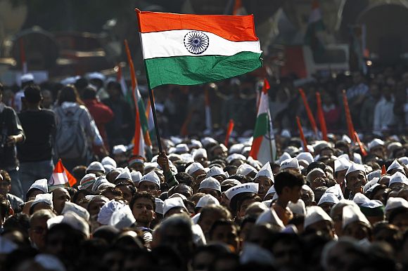 Supporters of Anna Hazare during the Gandhian's fast at Ramlila Ground in New Delhi