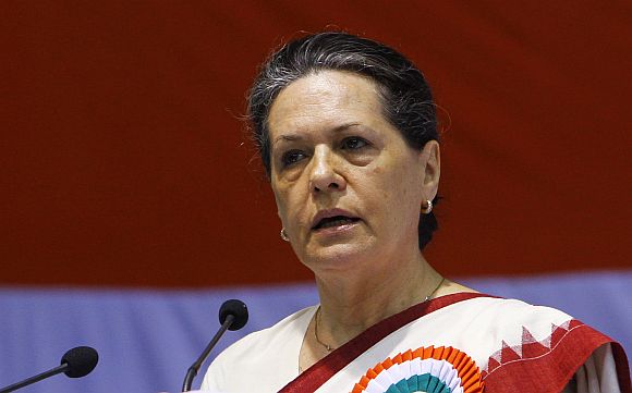 Sonia Gandhi speaking at an AICC meeting in New Delhi