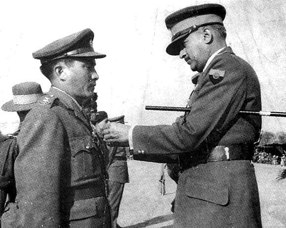 Major Rinchen receives the Seva Medal from the then Chief of the Army Staff, General J N Chaudhury