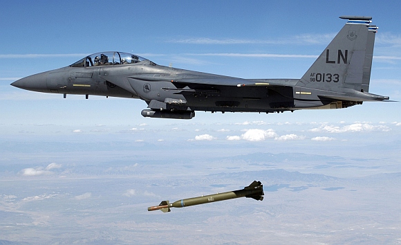 A  F-15E aircraft releases a GBU-28 Bunker Buster 5,000-pound Laser-Guided Bomb