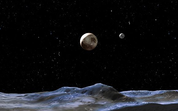 The artist's concept above shows the Pluto system from the surface of one of its moons