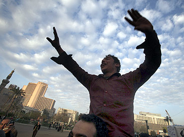 A protester shouts anti-Mubarak slogans during an anti-government protest in Tahrir square in Cairo on Tuesday