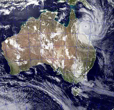 A satellite image obtained from the US Naval Research Laboratory shows Cyclone Yasi