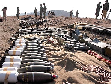 Pakistan army display ammunition confiscated from militants at Karvan Manza in Pakistan's tribal belt along Afghanistan border