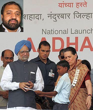 Prime Minister Manmohan Singh launches the Aadhaar Number under Unique Identification Authority of India, at Tembhali village, Nandurbar, Maharashtra on September 29 alongwith Congress President Sonia Gandhi. (Inset) Human Rights activist Gopal Krishna