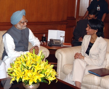 A file photo of Condoleezza Rice with Prime Minister Manmohan Singh