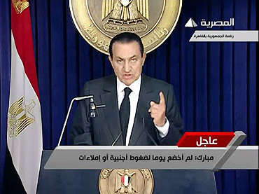 Egypt's President Hosni Mubarak addresses the nation in this still image taken from video on Thursday