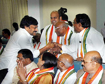 Chiranjeevi with Congress leaders at the Budget session of the AP Assembly
