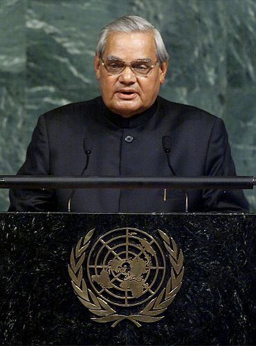 Then prime minister A B Vajpayee addresses the United Nations General Assembly, November 10, 2001