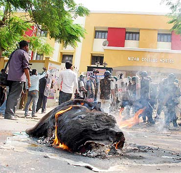 Students set fire to hostel beds as their 'chalo assembly' rally turns violent in Hyderabad on Monday