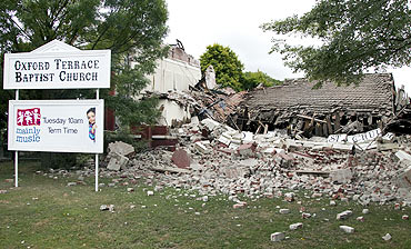 A destroyed Baptist church is seen after an earthquake in central Christchurch