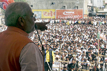 Gujarat Chief Minister Narendra Modi addresses a public rally at Godhra