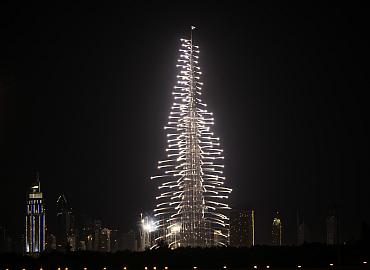 Fireworks explode over Burj Khalifa, the tallest building in the world, celebrating the new year in Dubai