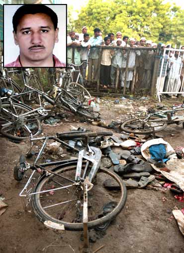 Damaged bicycles and torn footwear of bomb blast victims are strewn inside a mosque compound in Malegaon (Inset) Ramji Kalsanghra