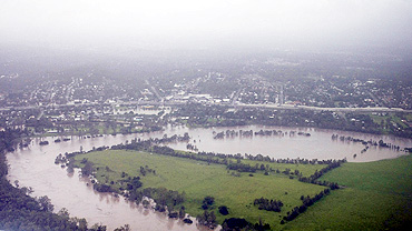 An aerial view of the rising Brisbane River
