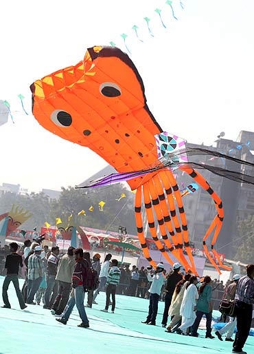 A kite shaped like an octopus seen at the festival in Ahmedabad