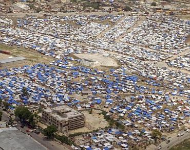 An aerial view of camps set up by earthquake survivors in Port-au-Prince