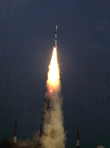 The GSLV blasts off carrying the communication satellite GSAT- 5P from the Satish Dhawan space centren Sriharikota