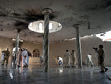 The main hall of the Waali mosque after it was hit by a suicide bomb blast in Darra Adam Khel in Pakistan's Khyber-Pakhtunkhwa province