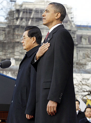 Obama and Hu Jintao take part in an official South Lawn arrival ceremony at the White House in Washington