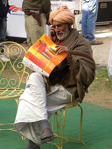 A local takes in the sights at the Jaipur Literature Festival