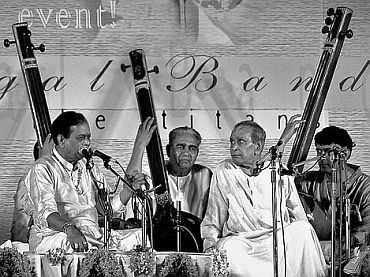 File photo of Pandit Bhimsen Joshi with Balamurali Krishna at a concert