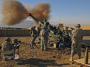 An ultra-light howitzer of the US army in action