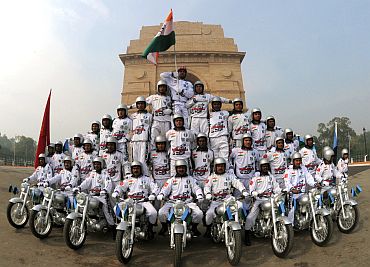 The daredevil stunts of motorcycle riders, during the full dress rehearsal for the Republic Day Parade-2011, in New Delhi on January 23, 2011
