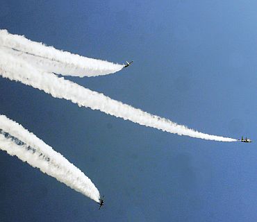 The breathtaking 'Trishul' formation comprising three SU 30s, during the fly past