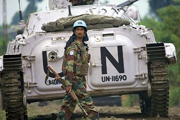 A member of the Indian battalion of the United Nations Organization Mission in the Democratic of the Congo