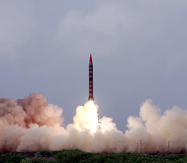 The Shaheen-II missile takes off during a test flight from an undisclosed location in Pakistan