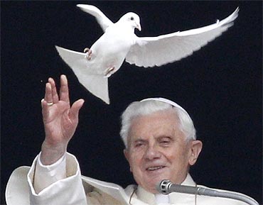 Pope Benedict XVI releases a dove from a window of his private apartments as he leads the Angelus prayer in Saint Peter's Square at the Vatican