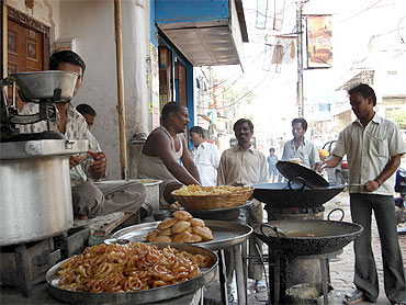 Morning puri and jalebi at a roadside stall in Varanasi
