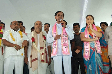 TRS Preisdent K Chandersheker Rao with suspended TDP MLA Janardhan Reddy and TRS MP and film actress